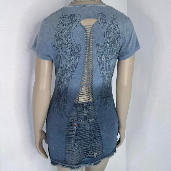 Angel Wings Rhinestone Cutout Tee Blue Distressed Large Y2k  00s Grunge Bling - Picture 2 of 8
